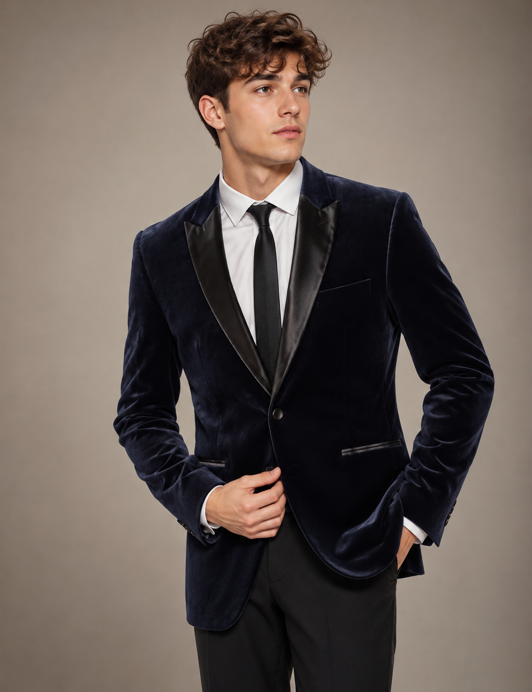 H&M Men’s Navy Velvet Tuxedo Blazer in UK Size L. Featuring elegant black lapels and a luxurious velvet finish, perfect for weddings, parties and formal occasions.