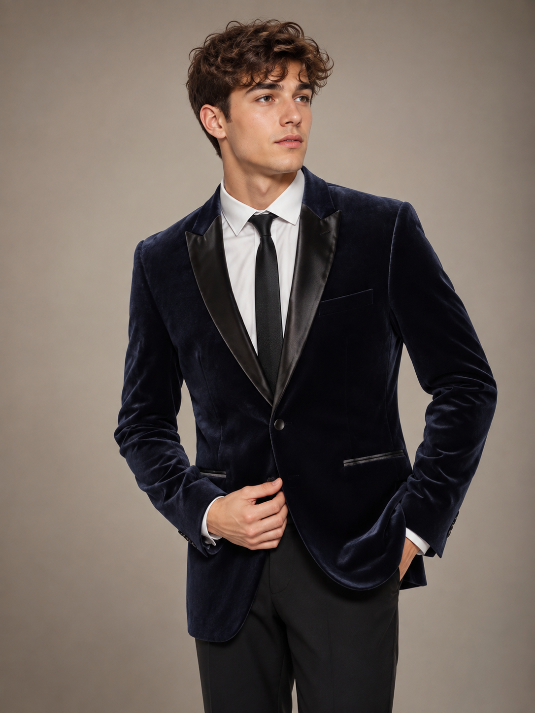H&M Men’s Navy Velvet Tuxedo Blazer in UK Size L. Featuring elegant black lapels and a luxurious velvet finish, perfect for weddings, parties and formal occasions.