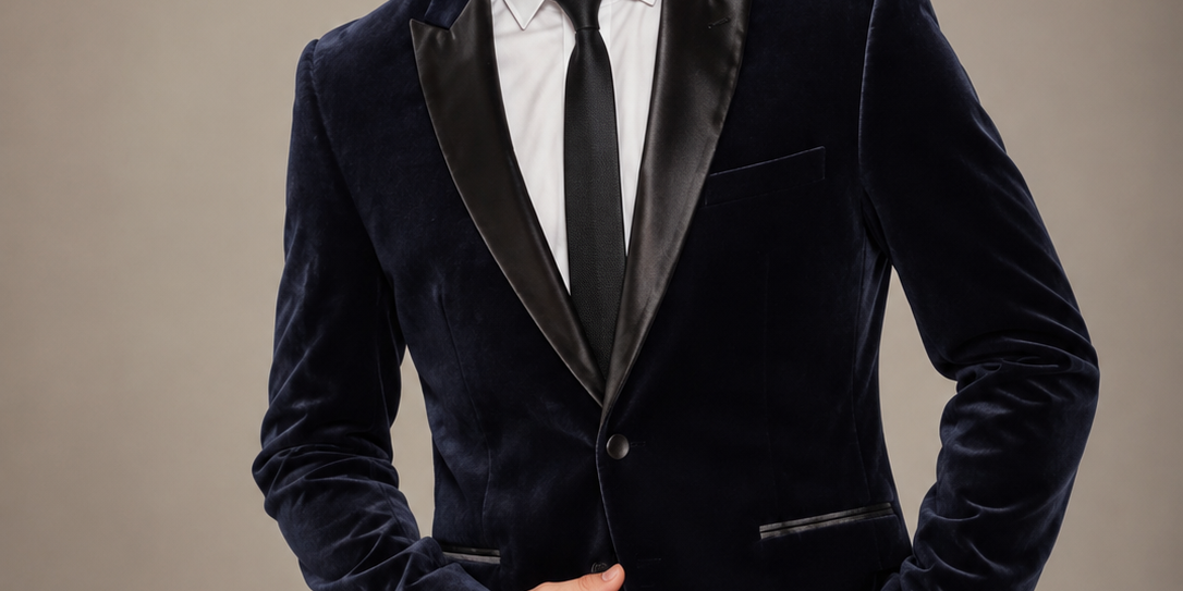 H&M Men’s Navy Velvet Tuxedo Blazer in UK Size L. Featuring elegant black lapels and a luxurious velvet finish, perfect for weddings, parties and formal occasions.