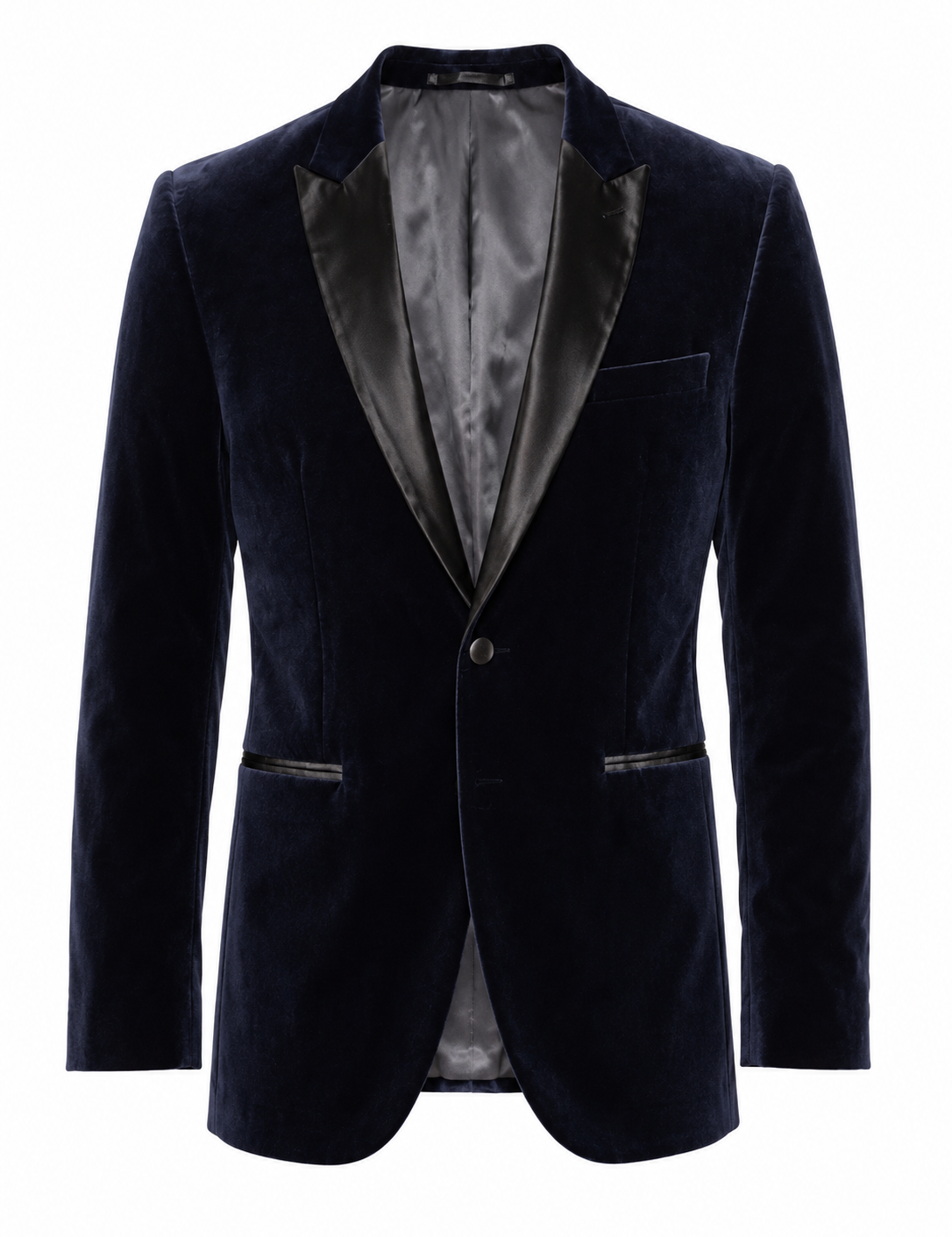 H&M Men’s Navy Velvet Tuxedo Blazer in UK Size L. Featuring elegant black lapels and a luxurious velvet finish, perfect for weddings, parties and formal occasions.