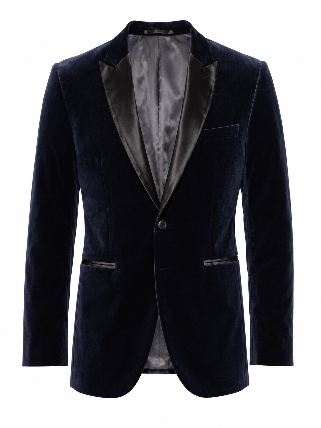 H&M Men’s Navy Velvet Tuxedo Blazer in UK Size L. Featuring elegant black lapels and a luxurious velvet finish, perfect for weddings, parties and formal occasions.
