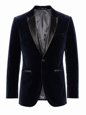 H&M Men’s Navy Velvet Tuxedo Blazer in UK Size L. Featuring elegant black lapels and a luxurious velvet finish, perfect for weddings, parties and formal occasions.