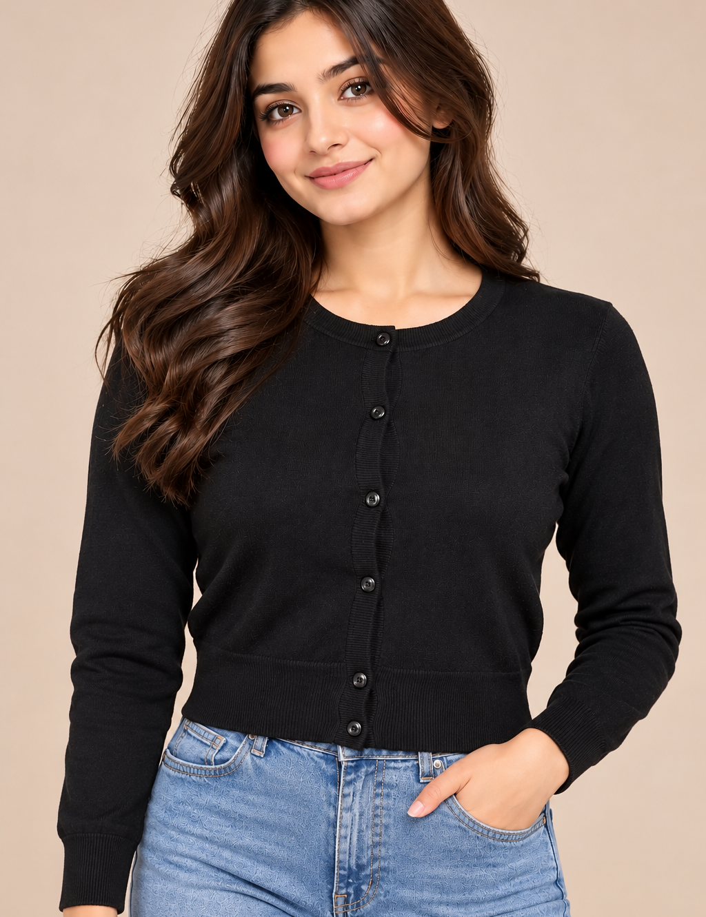  H&M Women’s Black Button-Up Cardigan in UK Size M. Stylish waist-length design with long sleeves and button fastening, perfect for everyday layering.