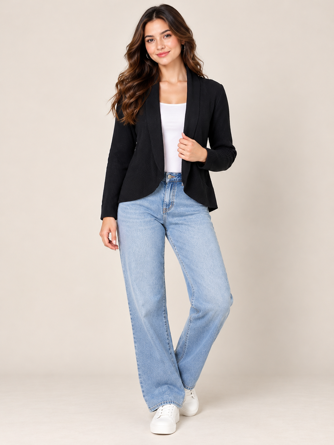 H&M Women's Black Waterfall Knit Cardigan in UK Size L. Stylish open-front design, ribbed texture and comfortable fit for everyday layering.