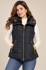 H&M Women Black Quilted Faux Fur Collar Puffer Gilet