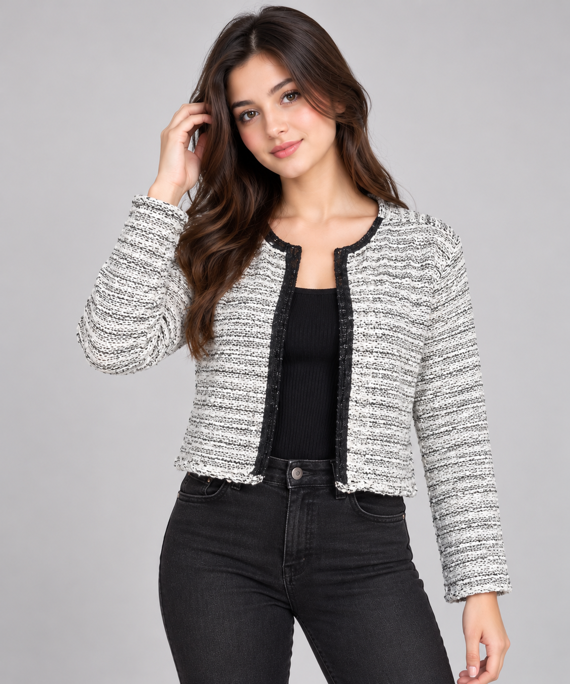 H&M Women's Black & White Textured Cropped Knit Cardigan in UK Size S. Stylish open-front design with long sleeves, perfect for casual layering.