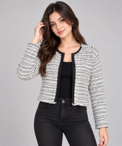 H&M Women's Black & White Textured Cropped Knit Cardigan in UK Size S. Stylish open-front design with long sleeves, perfect for casual layering.
