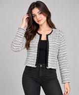 H&M Women Black & White Textured Cropped Knit Cardigan