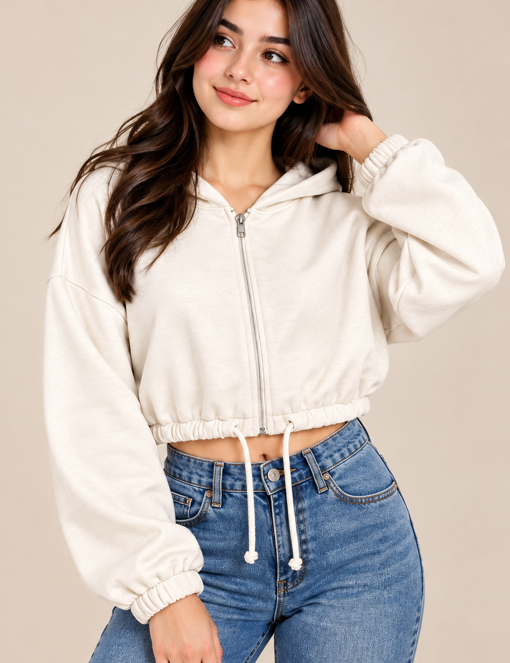 H&M women’s cream cropped zip-up hoodie in UK Size S. Stylish hooded design with relaxed sleeves and gathered hem, perfect for casual wear.