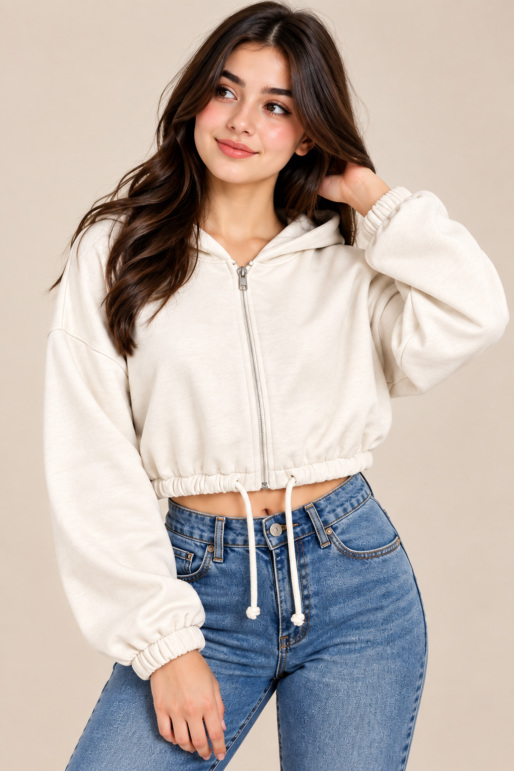 H&M women’s cream cropped zip-up hoodie in UK Size S. Stylish hooded design with relaxed sleeves and gathered hem, perfect for casual wear.