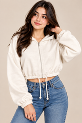 H&M Women Cream Cropped Zip-Up Hoodie