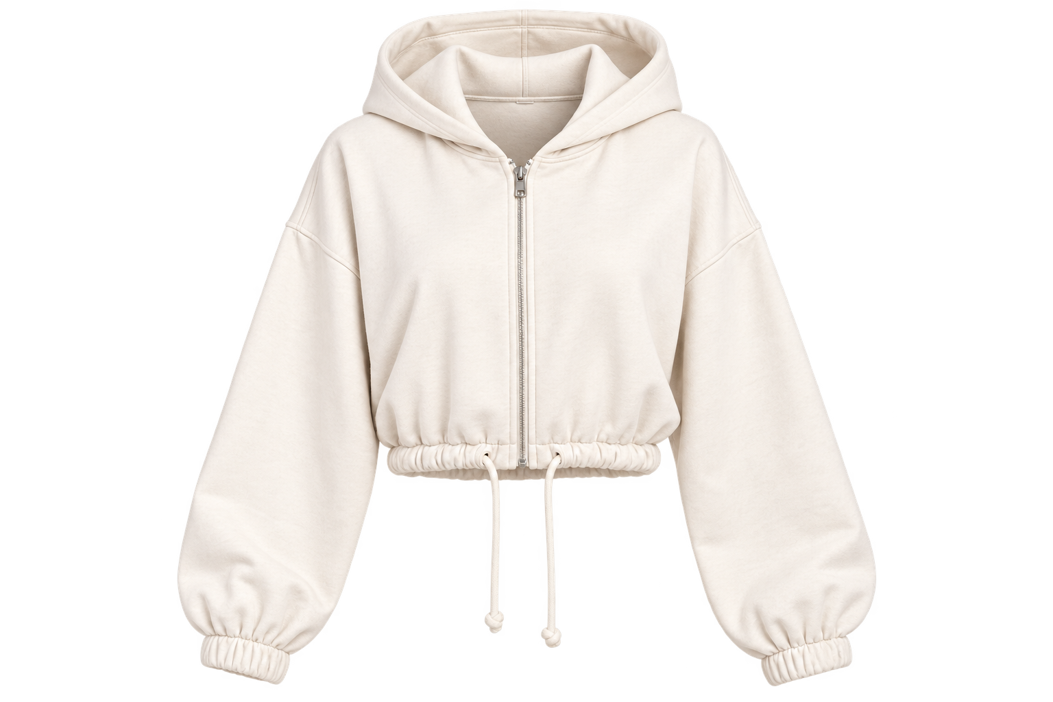 H&M women’s cream cropped zip-up hoodie in UK Size S. Stylish hooded design with relaxed sleeves and gathered hem, perfect for casual wear.
