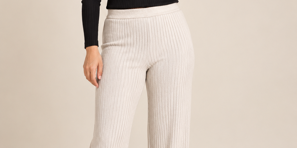  H&M women’s cream ribbed wide-leg trousers in UK Size M. Soft, comfortable high-waist knit pants perfect for casual, lounge and everyday wear.