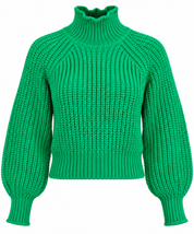 H&M Women's Emerald Green Chunky Knit High Neck Jumper in UK Size M. Stylish balloon sleeves, ribbed texture and cosy winter fashion.