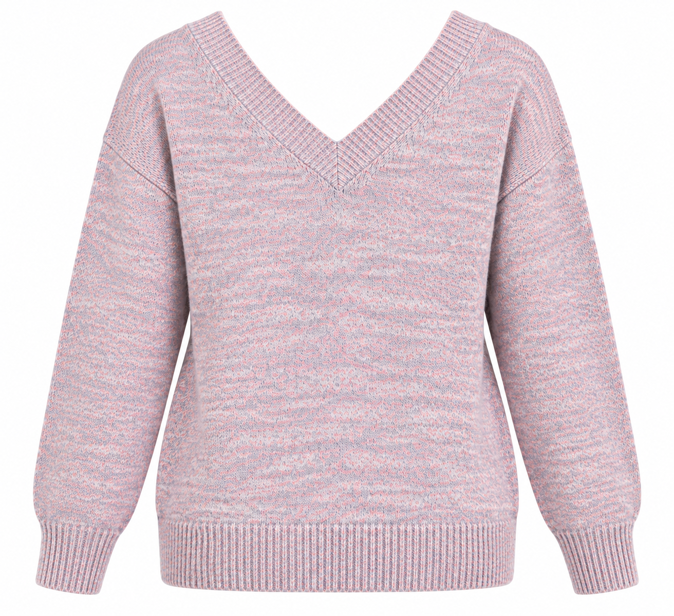   H&M women’s grey & pink marl V-neck knitted jumper in UK Size XL. Features V-neck detailing at the front and back with a soft, relaxed fit.
