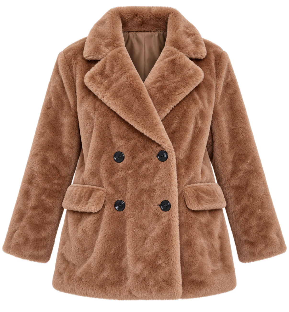  H&M women’s light brown faux fur double-breasted coat in UK Size M. Soft, warm and stylish with lapel collar, buttons and front pockets.
