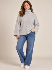 H&M Women's Light Grey Ribbed Knit Roll Neck Jumper in UK Size M. Stylish, cosy and comfortable knitwear, perfect for autumn and winter outfits.