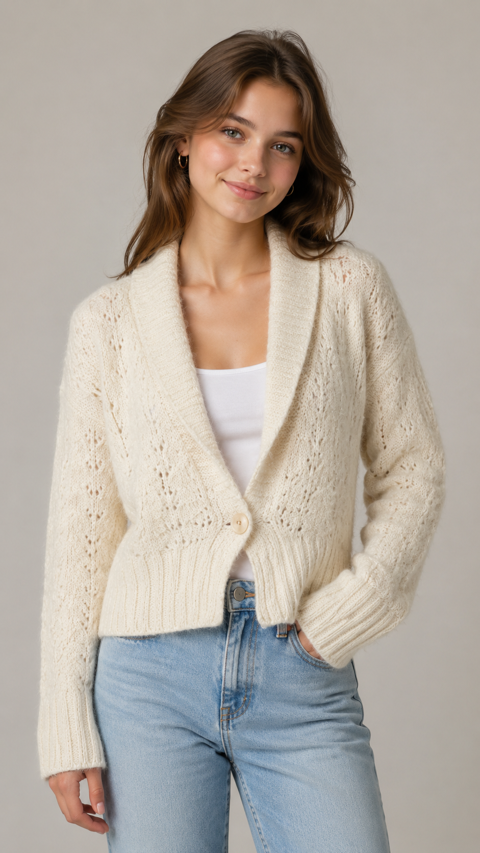 H&M Women’s Cream Knit Cardigan, featuring a textured open-knit design, shawl collar, button front and cozy long sleeves. A versatile everyday layering piece.