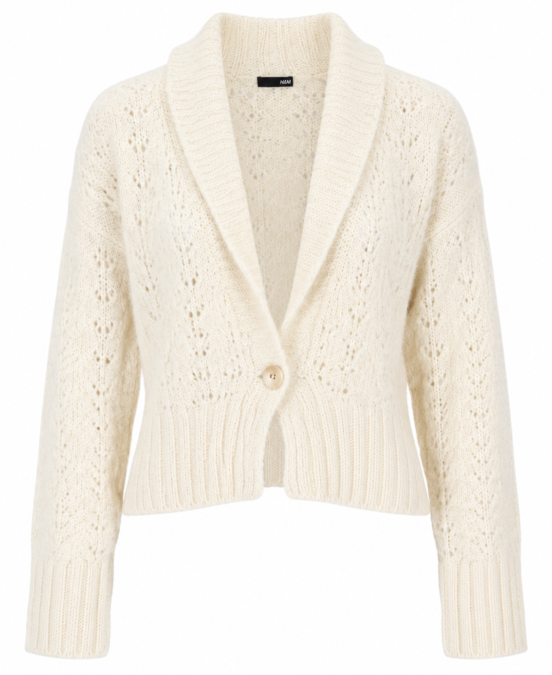  H&M Women’s Cream Knit Cardigan, featuring a textured open-knit design, shawl collar, button front and cozy long sleeves. A versatile everyday layering piece.