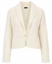  H&M Women’s Cream Knit Cardigan, featuring a textured open-knit design, shawl collar, button front and cozy long sleeves. A versatile everyday layering piece.