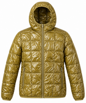  H&M women’s olive metallic hooded puffer jacket in UK XL, featuring quilted styling, a full front zip and zipped side pockets.