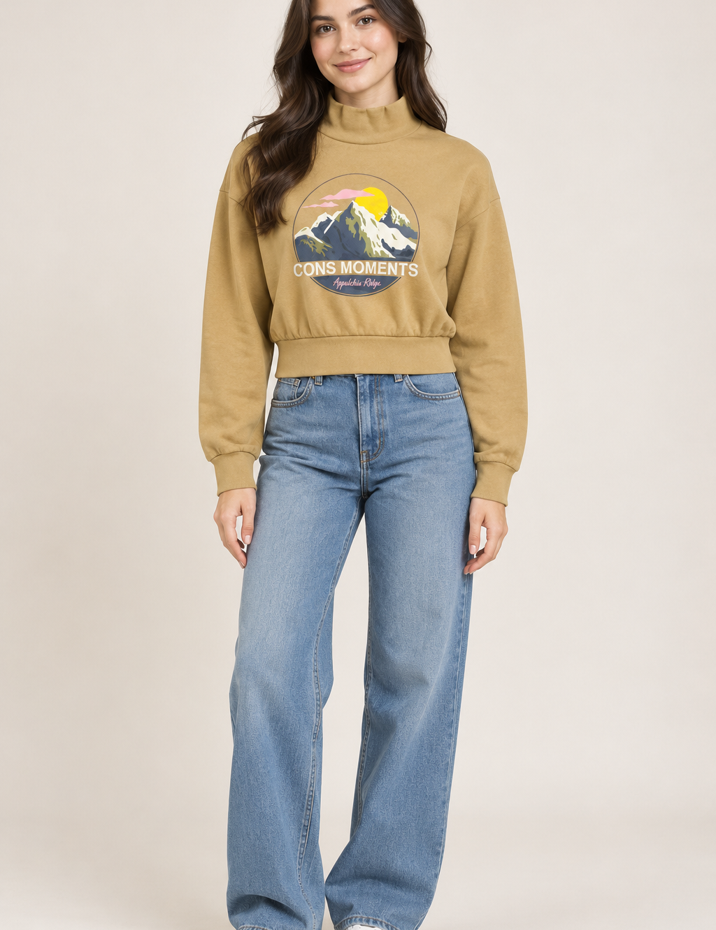 H&M Women’s Tan Camel Mountain Graphic Cropped Sweatshirt in UK Size M. Stylish high-neck design, long sleeves and ribbed details for everyday casual wear.