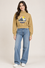 H&M Women’s Tan Camel Mountain Graphic Cropped Sweatshirt