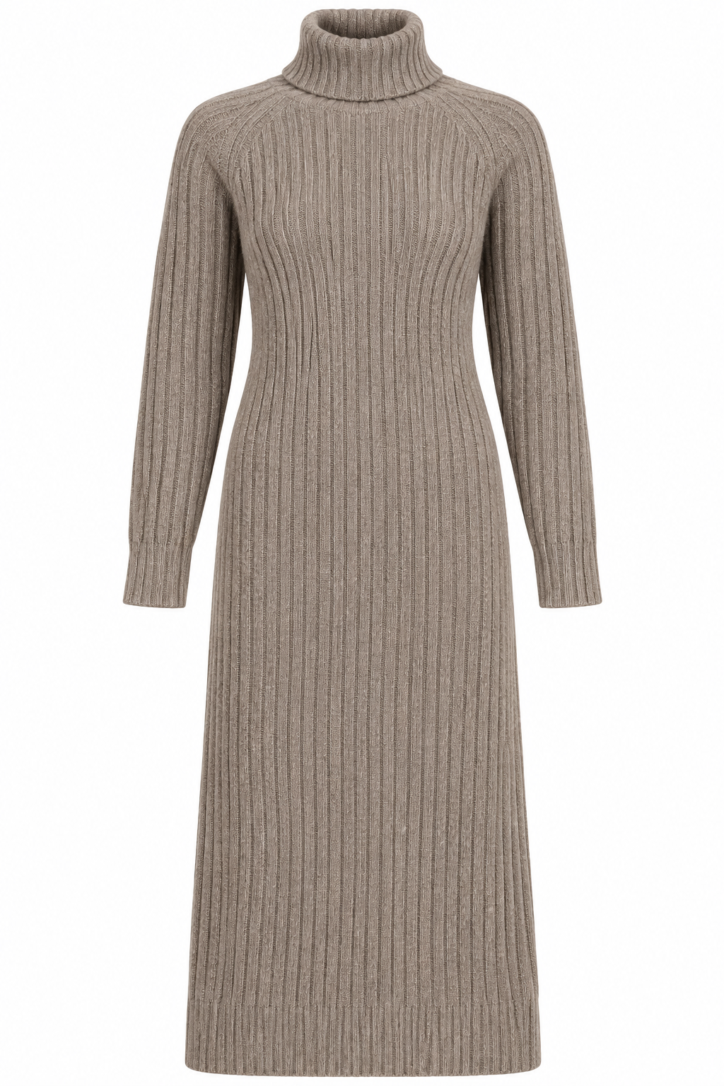 H&M women’s taupe ribbed turtleneck maxi knit dress in UK Size L. A stylish long-sleeve winter dress with a cozy, elegant design.