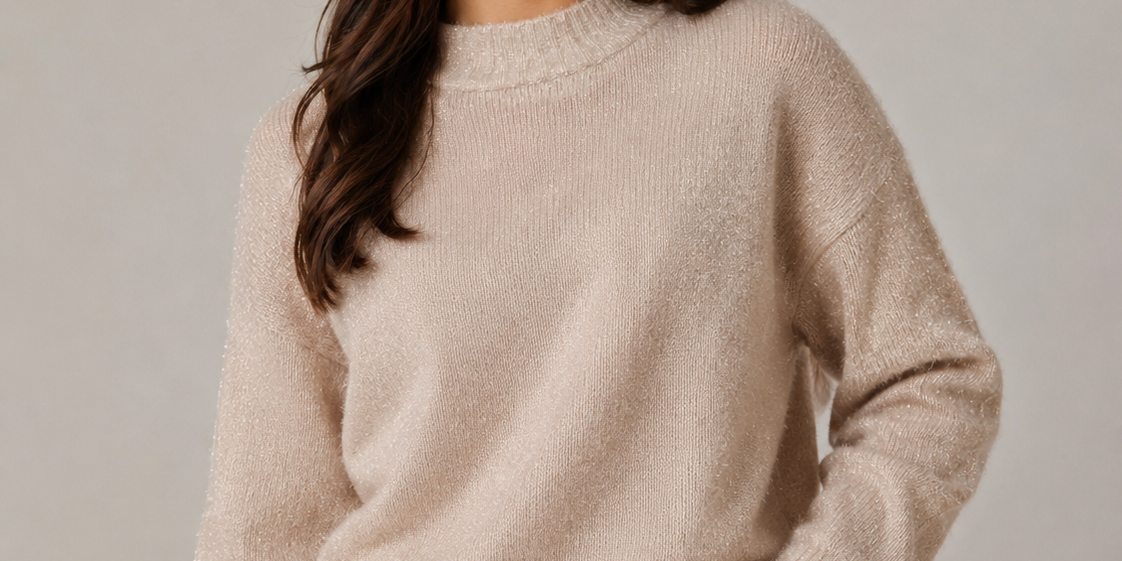 Add timeless elegance to your wardrobe with this H&M Women's Beige Shimmer Knit Mock Neck Sweater. Designed with a soft-touch knit fabric and a subtle shimmer finish, this sweater offers both comfort and sophistication. The mock neck design, relaxed fit, and ribbed cuffs and hem make it perfect for casual outings, office wear, or layering during colder seasons.