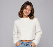  H&M Women's Cream Fuzzy Knit Cropped Sweater featuring a soft fuzzy texture, long sleeves, and a stylish cropped fit. Perfect for casual wear, layering, and winter fashion.