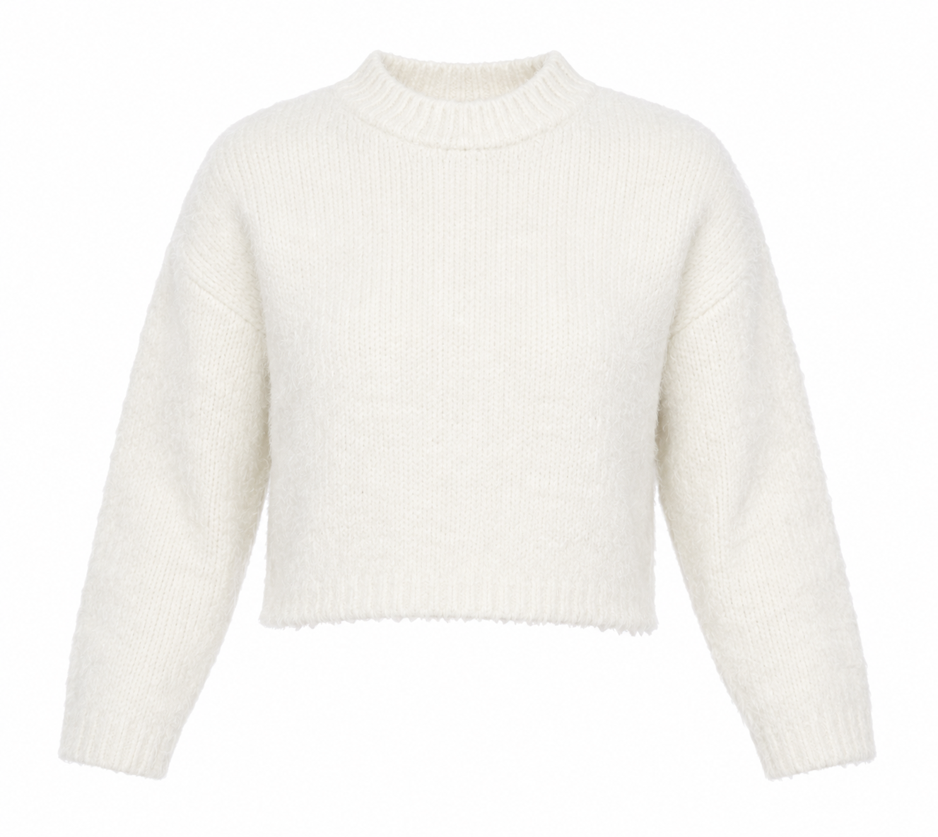  H&M Women's Cream Fuzzy Knit Cropped Sweater featuring a soft fuzzy texture, long sleeves, and a stylish cropped fit. Perfect for casual wear, layering, and winter fashion.