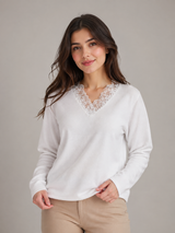 H&M Womens White Lace V-Neck Long Sleeve Top