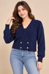 HAMELLS Women Navy Blue Ribbed Knit V-Neck Cardigan with Gold Buttons