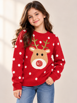 Happy Christmas Girls Red Reindeer Christmas Jumper