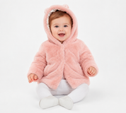 Happy Girls Club baby girls’ pink faux fur hooded coat, UK size 9–12 months. Soft, cosy and adorable with cute bear-ear hood details and front pockets.