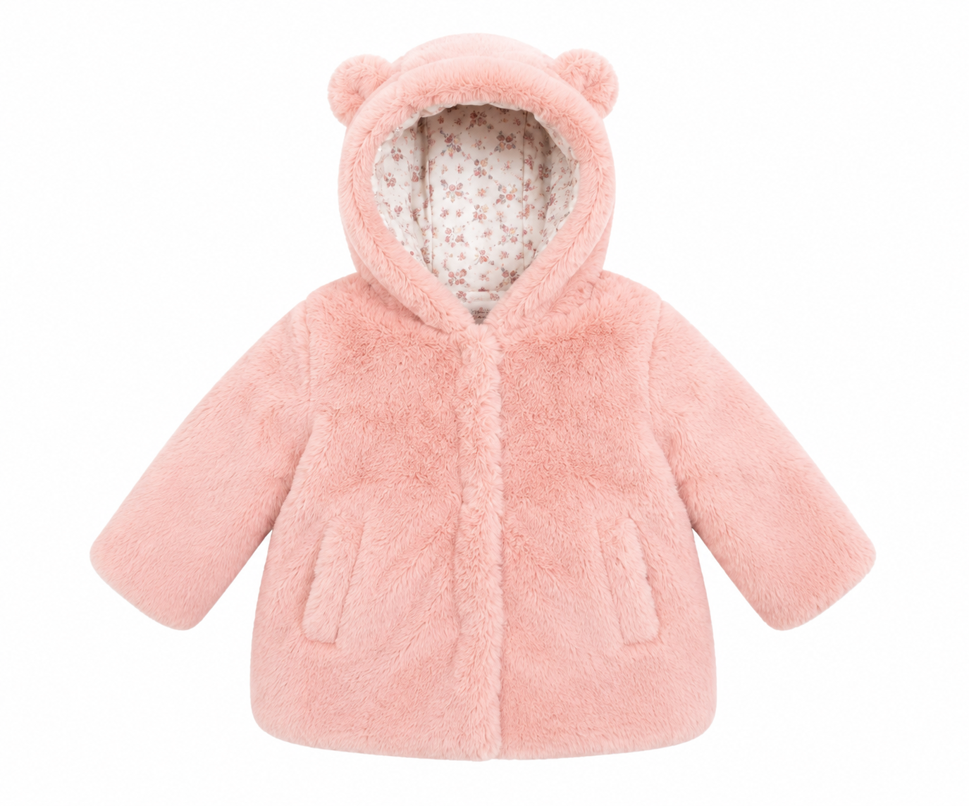 Happy Girls Club baby girls’ pink faux fur hooded coat, UK size 9–12 months. Soft, cosy and adorable with cute bear-ear hood details and front pockets.