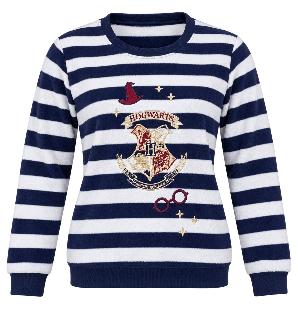 Harry Potter Hogwarts women’s striped sweatshirt in UK Size S. Navy and white cosy long-sleeve design with iconic Hogwarts detailing.