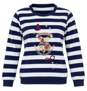 Harry Potter Hogwarts women’s striped sweatshirt in UK Size S. Navy and white cosy long-sleeve design with iconic Hogwarts detailing.