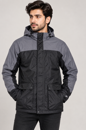 HAWKRIDGE men’s black & grey hooded outdoor jacket in UK Size XL. Practical two-tone design with front pockets, long sleeves and comfortable fit.