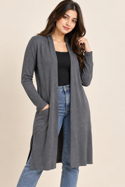 HENBURY women’s grey longline open-front cardigan in UK Size M. A comfortable and versatile layering piece with long sleeves and pockets.