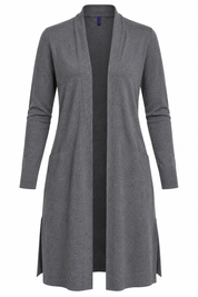 HENBURY women’s grey longline open-front cardigan in UK Size M. A comfortable and versatile layering piece with long sleeves and pockets.
