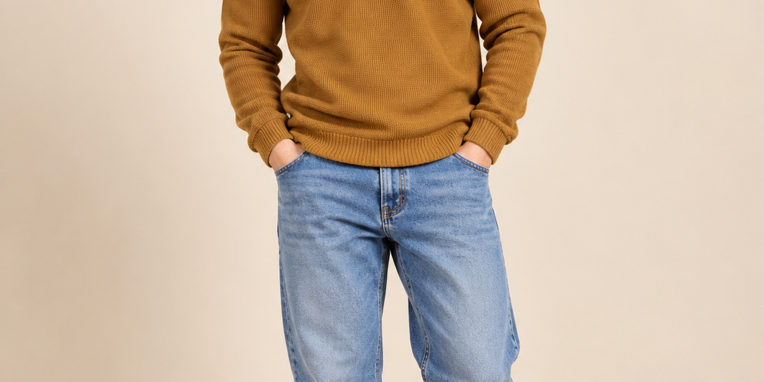 Heritage Men's Mustard Brown Crew Neck Knitted Jumper in UK Size L. Chest 25", length 27". Stylish everyday knitwear at UK Customer Returns.