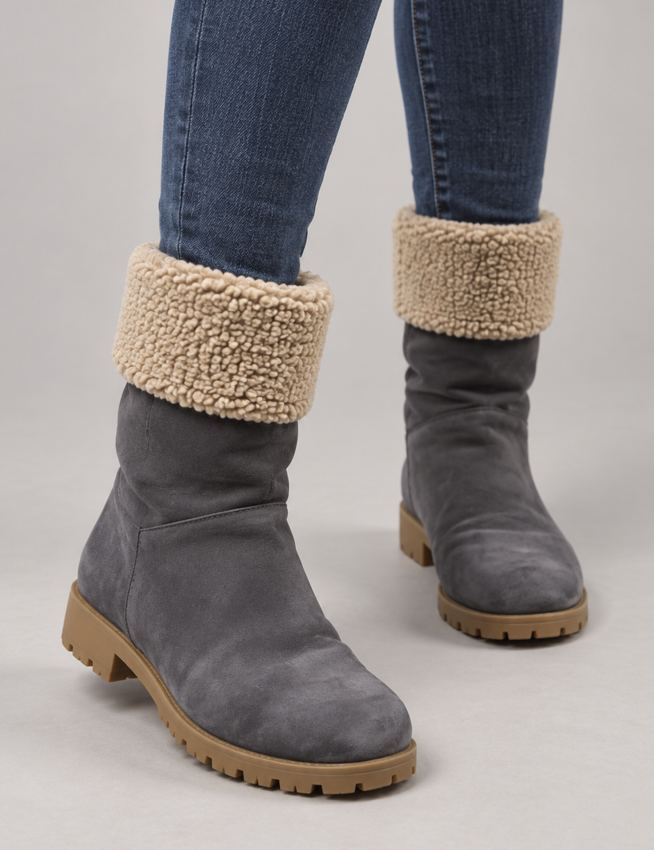  Hitmars women’s charcoal grey shearling cuff ankle boots in UK size 39. Warm, stylish and comfortable with a durable lug sole—perfect for winter outfits.