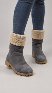  Hitmars women’s charcoal grey shearling cuff ankle boots in UK size 39. Warm, stylish and comfortable with a durable lug sole—perfect for winter outfits.