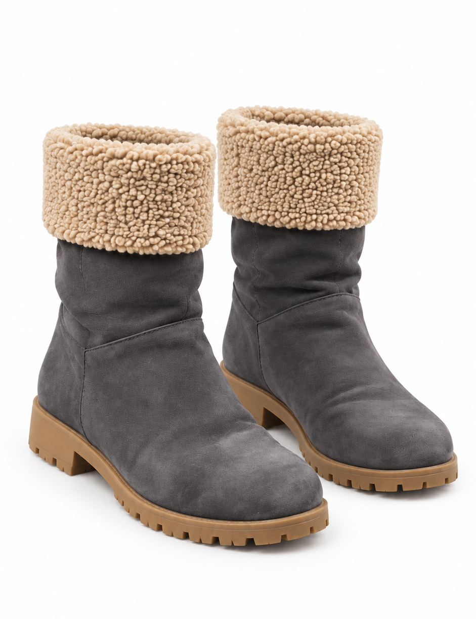  Hitmars women’s charcoal grey shearling cuff ankle boots in UK size 39. Warm, stylish and comfortable with a durable lug sole—perfect for winter outfits.