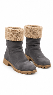  Hitmars women’s charcoal grey shearling cuff ankle boots in UK size 39. Warm, stylish and comfortable with a durable lug sole—perfect for winter outfits.
