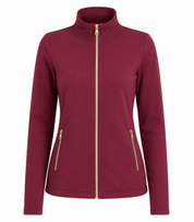 HKM Women’s Burgundy Full Zip Jacket in UK XL. Stylish high-collar design with gold-tone zips, long sleeves and practical zipped pockets.