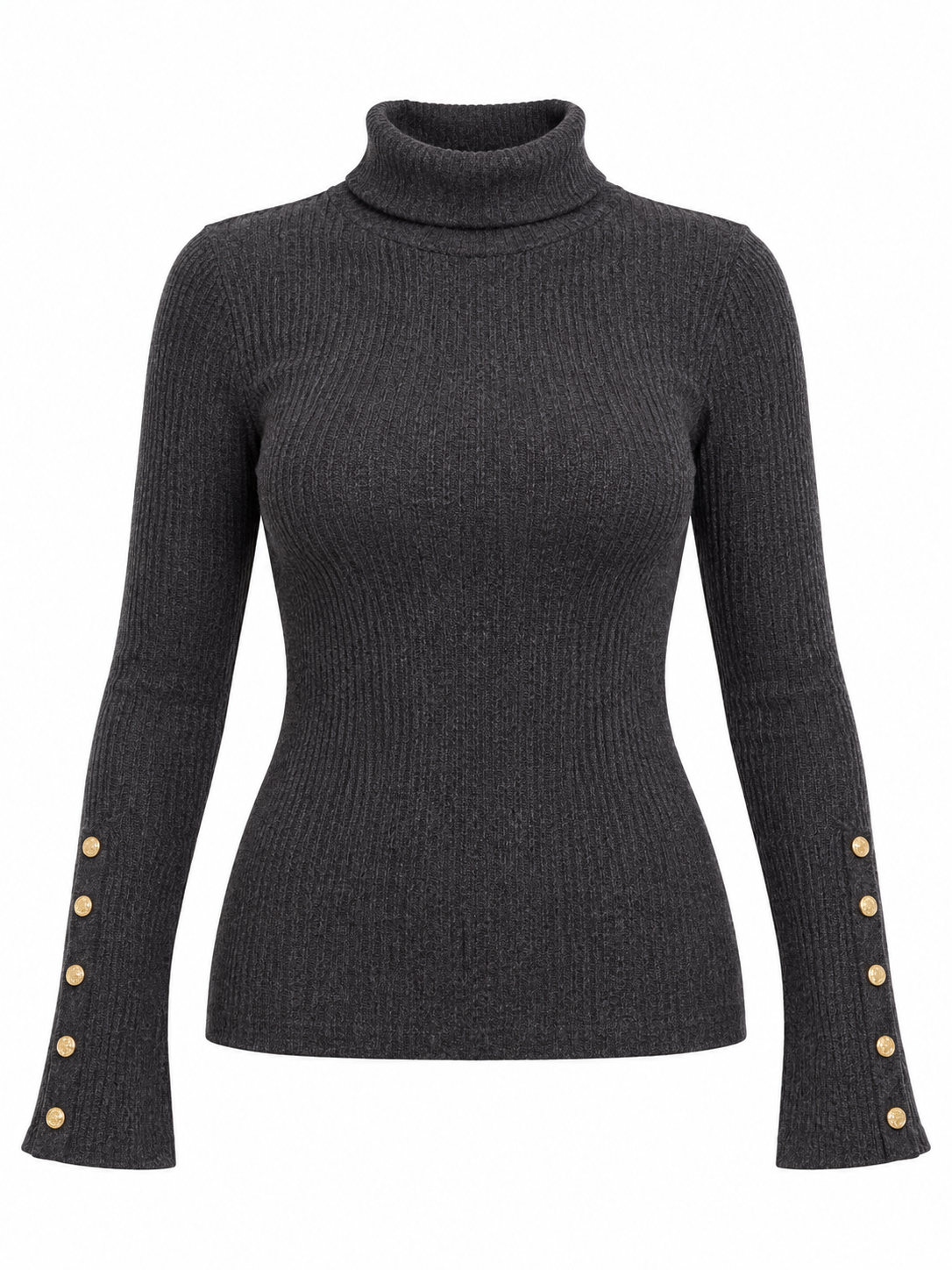 Hobbs Women's Charcoal Grey Ribbed Roll Neck Jumper in UK Size M. Elegant gold button cuffs, flattering fit and timeless smart-casual style.