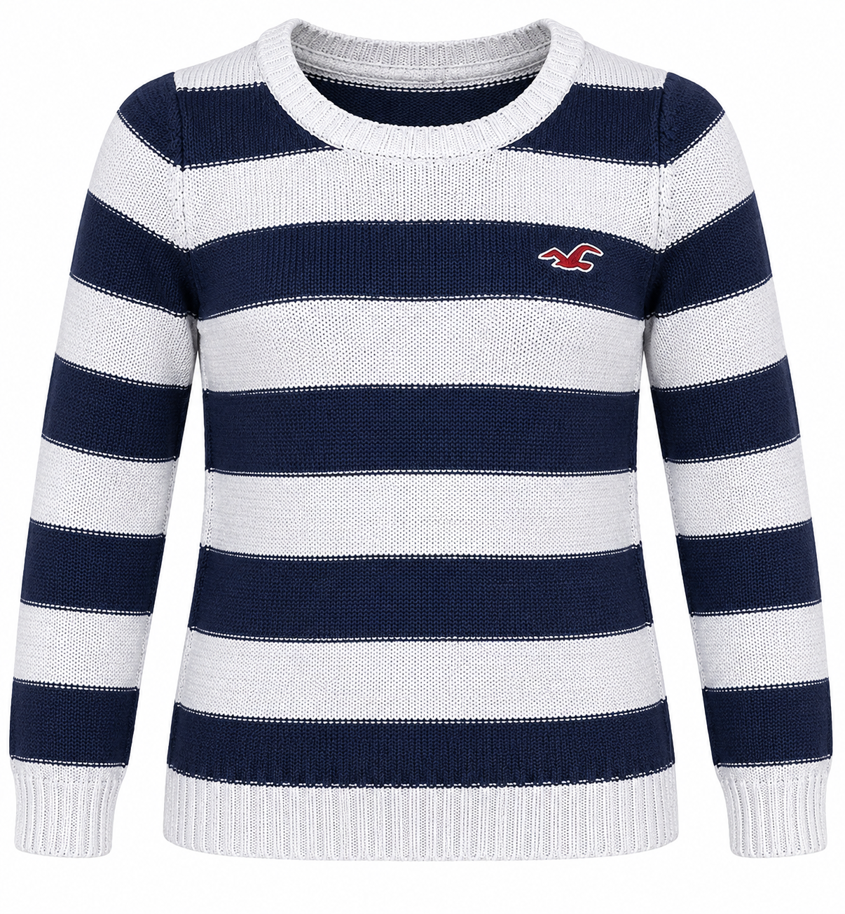  HOLLISTER Girls' Navy Blue & White Striped Knitted Jumper, UK 8–9 Years. Stylish crew neck sweater with long sleeves, perfect for casual wear.