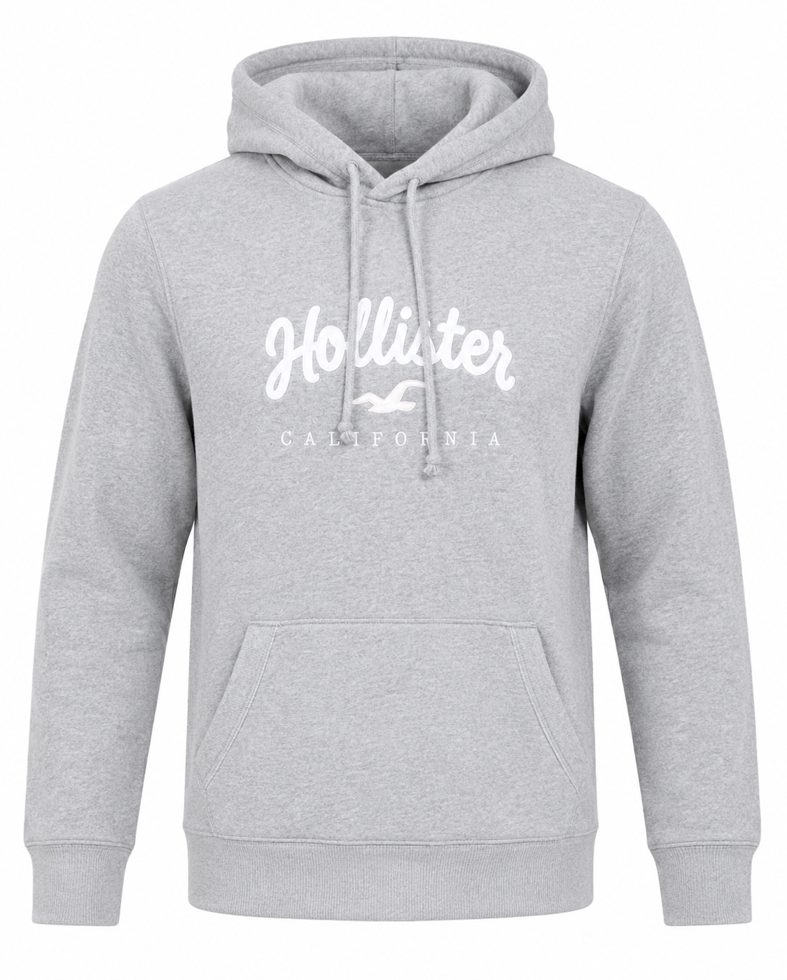  Hollister men’s grey California logo hoodie featuring a classic pullover design, drawstring hood and kangaroo pocket. Perfect for casual everyday wear.